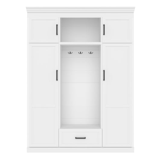 Hall Tree With Bench And 3 Hooks, Modern Entryway Storage Organizer Cabinet With 4 Doors, 1 Drawer And Adjustable Shelves