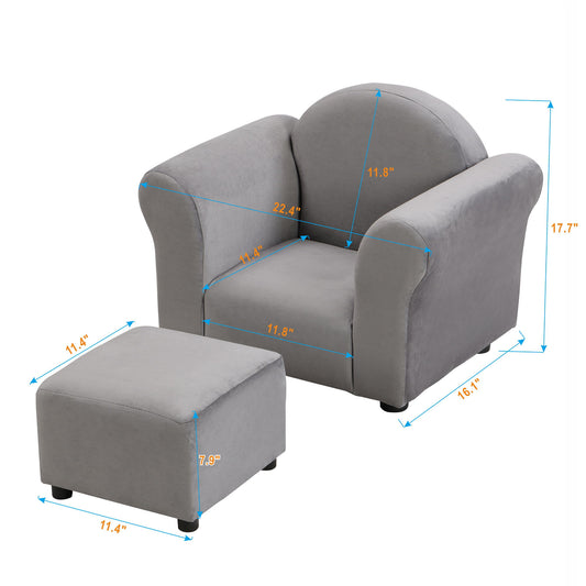Kids Velvet Upholstered Chair With Ottoman For Comfortable Seating - Gray