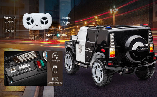 12V7A 30W*2 Four-Wheel Drive Seat One Button Start, Forward And Backward, High And Low Speed, Music, Front Light, Power Display, Two Doors Can Open, 2.4G R / C, Seat Belt Four Wheel Absorber