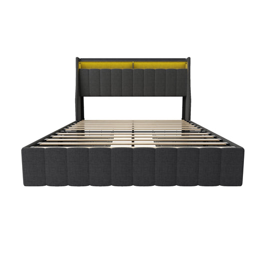 Bed With LED Lights, 4 Drawers, Winged Headboard Upholstered