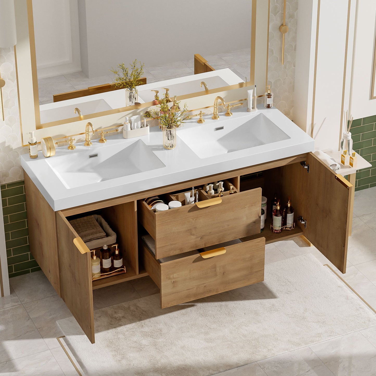 Double Sink Bathroom Vanity Soft Close Doors, Divided Drawers, Wall Mounted - Wood