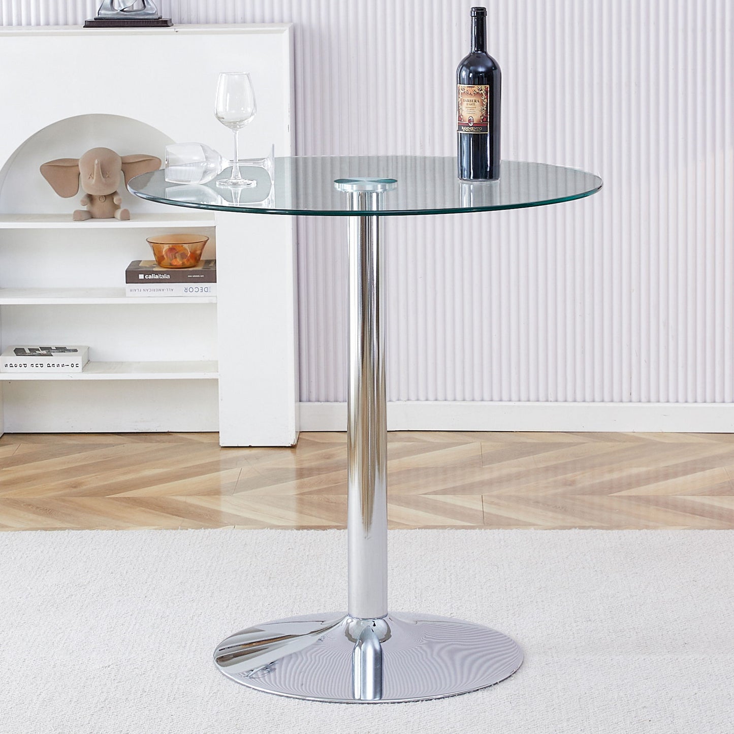Modern Minimalist Circular Glass Dining Table With Electroplated Metal Legs 35" Diameter - Transparent