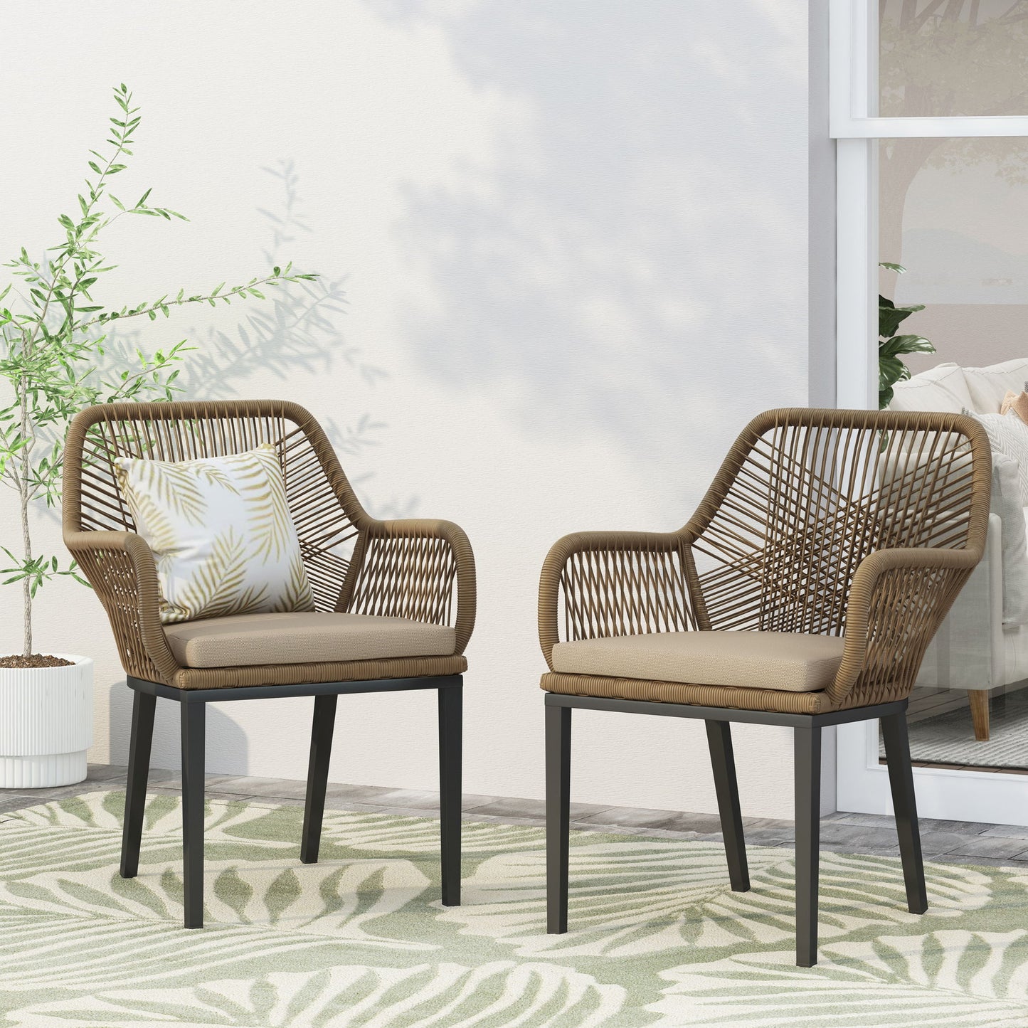 Modern Wicker Dining Club Chair With Water Resistant Cushions - Brown / Beige