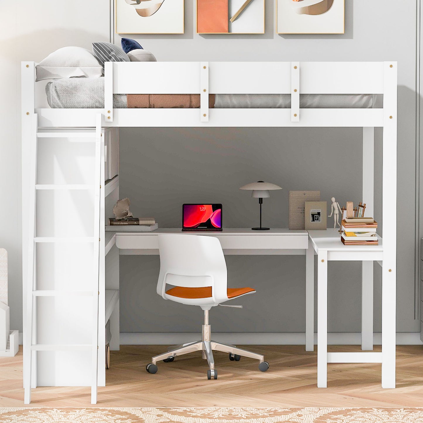 Modern Loft Bed With Desk And Shelves