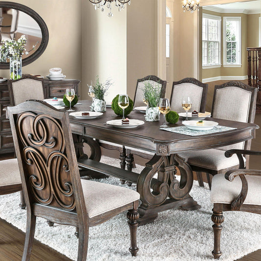 Dining Table Set With Expandable Leaf, 9 Piece Upholstered Chairs - Ivory / Natural / Natural / Rustic
