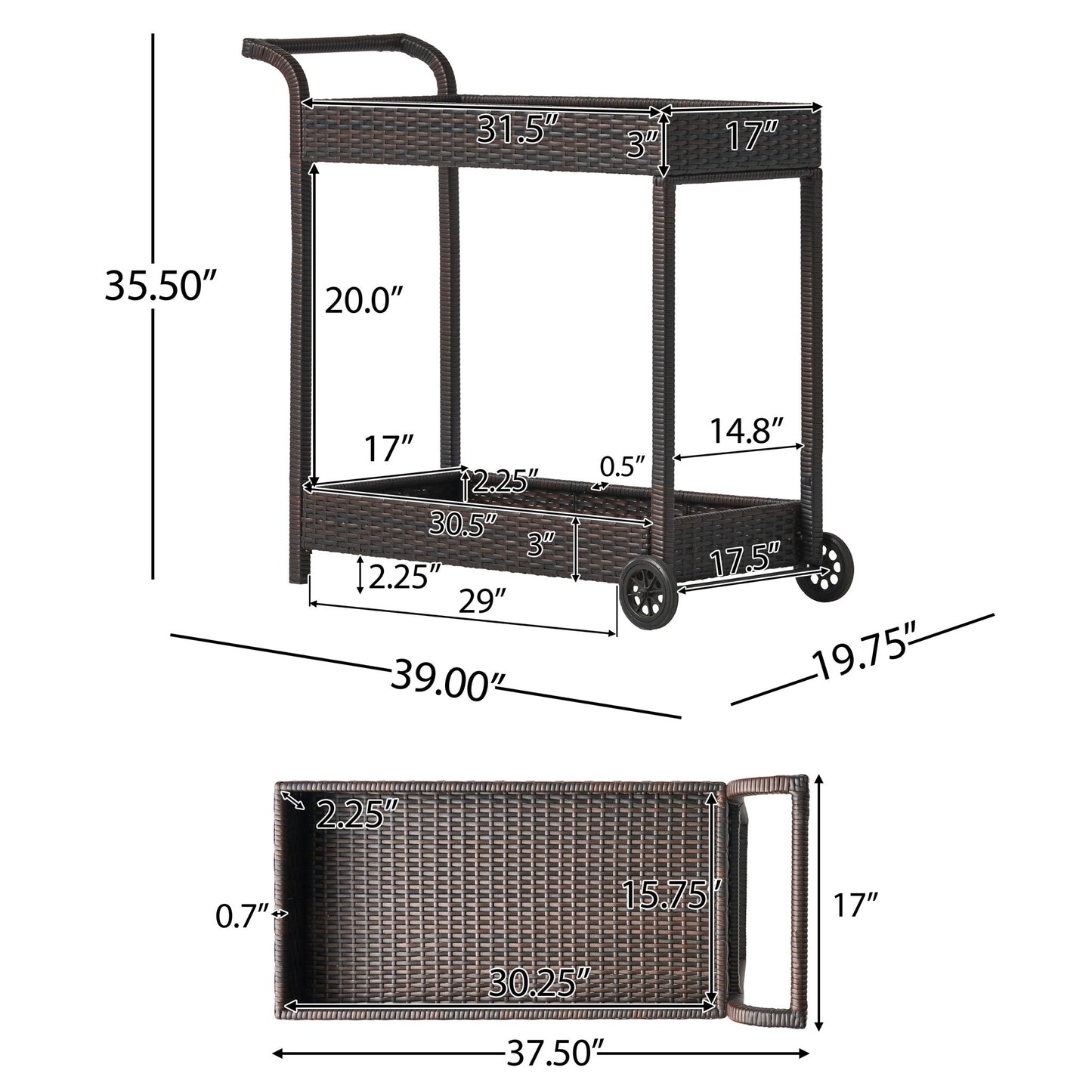 Resin Wicker Bar Cart With Metal Frame - Brown