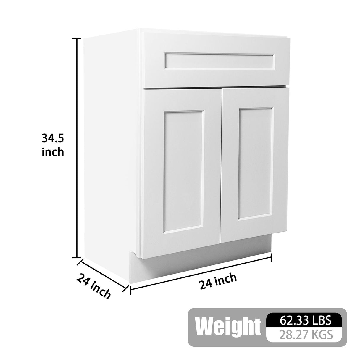 24" Shaker Base Cabinet With Soft Close Drawer & Double Doors, Adjustable Shelf For Bath - White