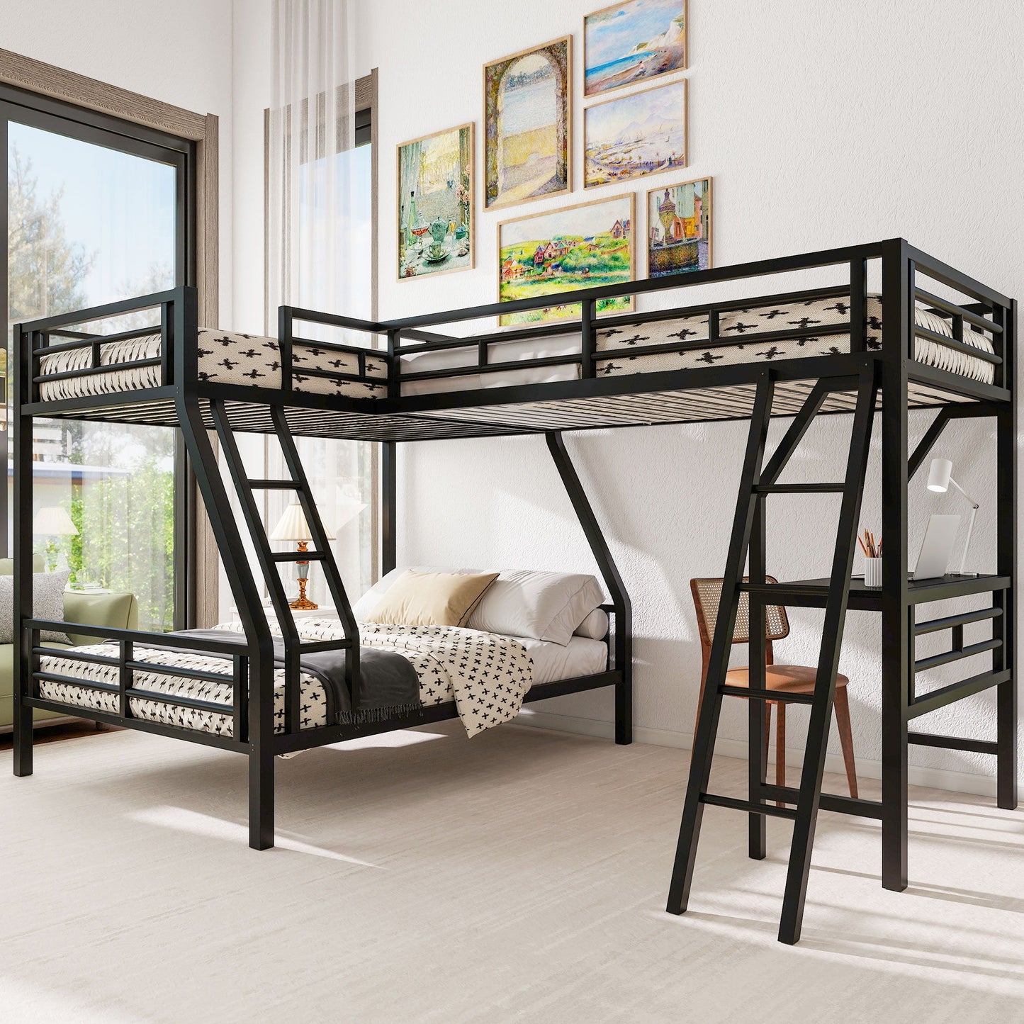 Twin Over Full Bunk Bed With Loft And Desk, L-Shaped Design For 3 Sleepers - Black