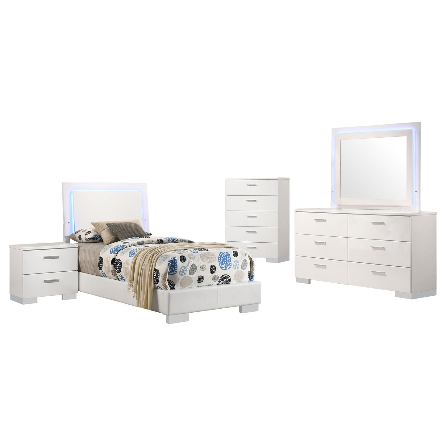 Dulcey - 5 Piece Twin Bedroom Set With LED Headboard - Gloss White