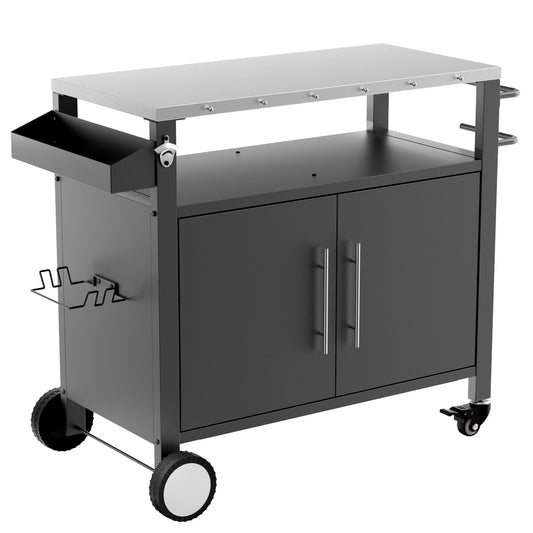 Outdoor Grill Cart With Storage, Rolling Bar Cart With Hooks And Spice Rack Stainless Steel