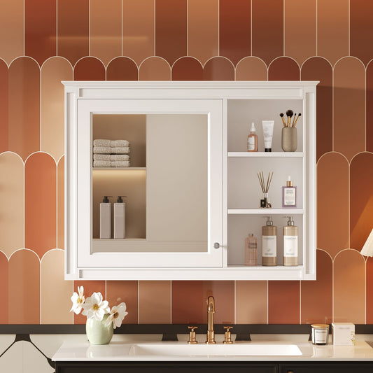 Wall Mounted Medicine Cabinet With Mirror, Adjustable Shelf - White