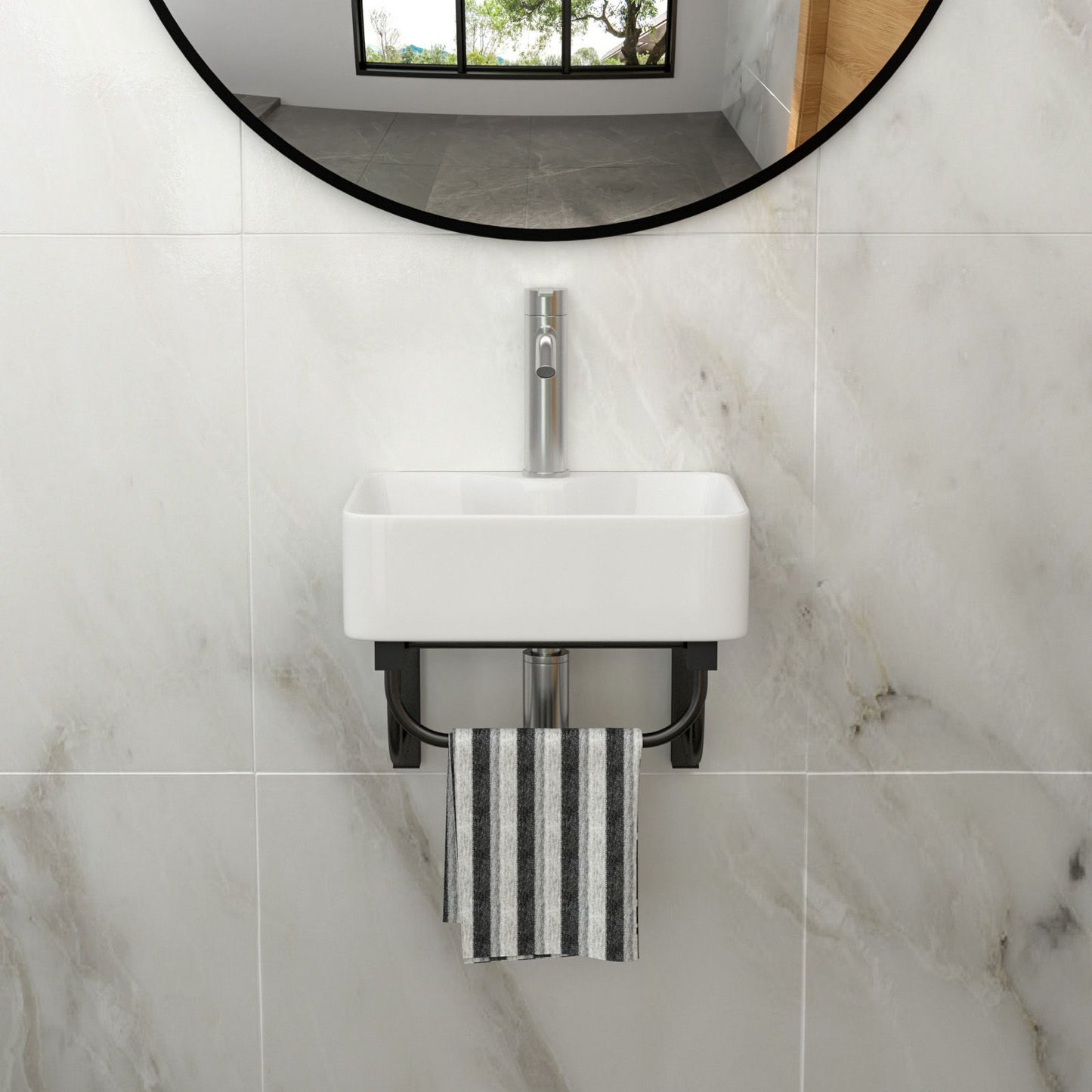 Rectangular Bathroom Sink With Towel Bar & Faucet Hole, Wall Mounted - White