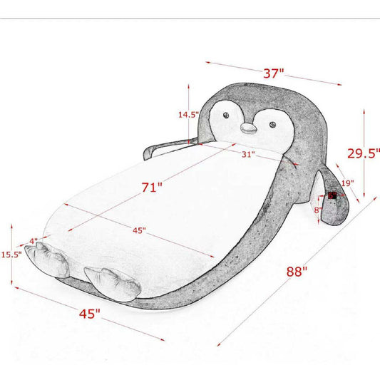 Twin Size Penguin Shaped Bed, Lounger Chair For Kids Bedroom - White / Black