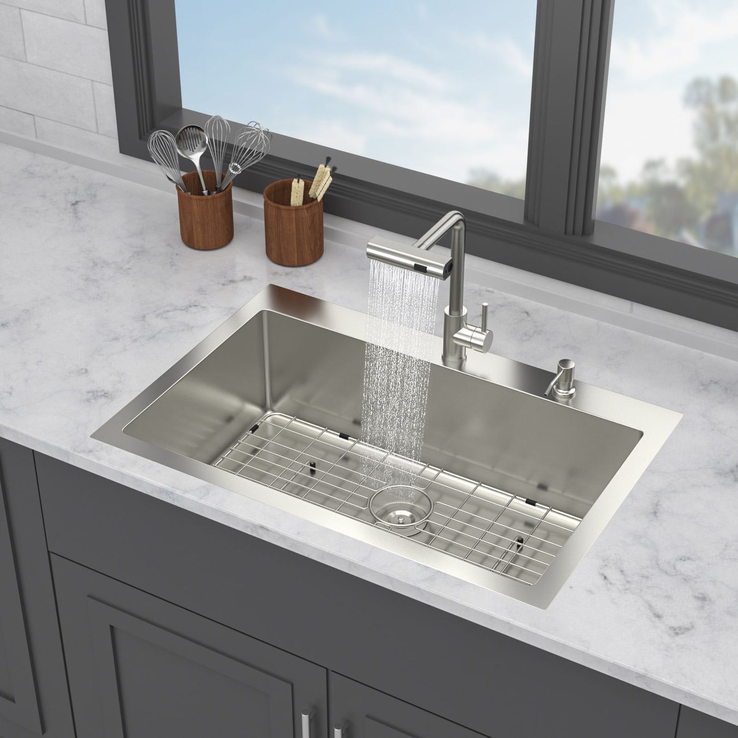 Drop In Kitchen Sink With Pull Down Faucet And Soap Dispenser