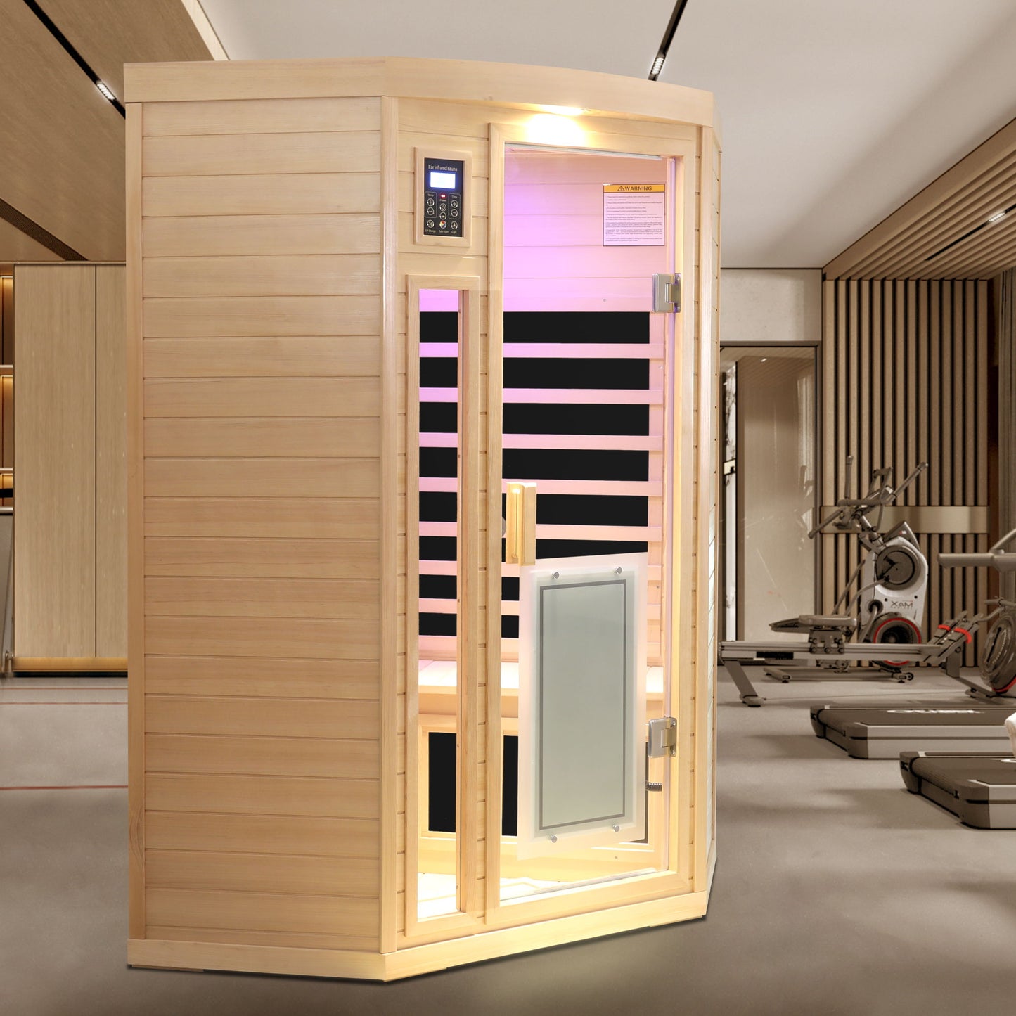 Low Emf Front Door With Heating Panel 2 Persons Hemlock Far Infrared Corner Indoor Sauna Room - Natural