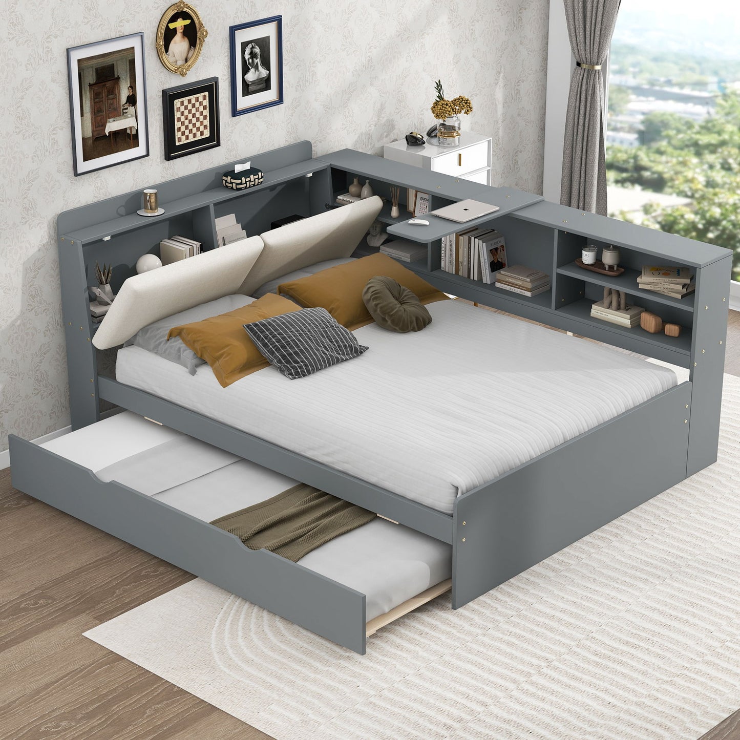 Platform Bed With Trundle, Shelves, And Storage Headboard
