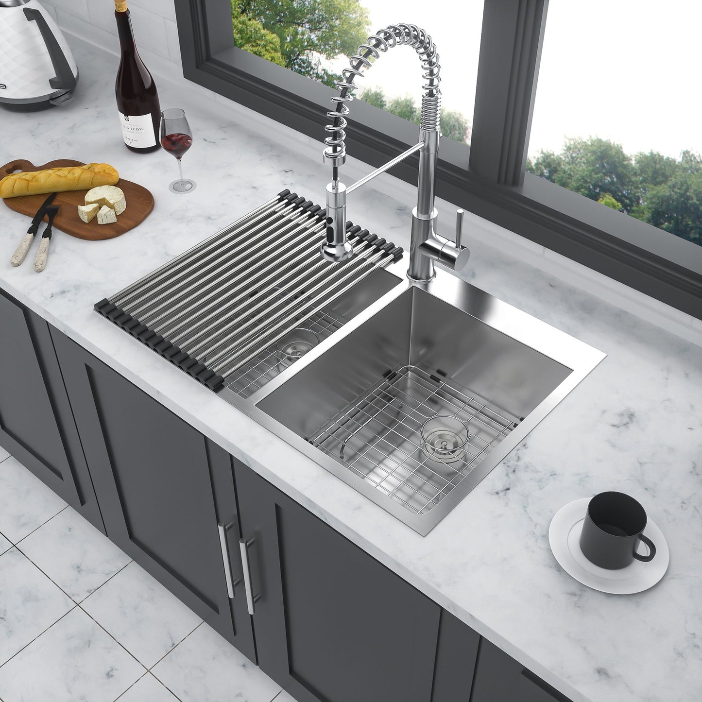 Double Bowl Drop In Sink, Stainless Steel With 50 / 50 Basins 18 Gauge - Brushed Nickel