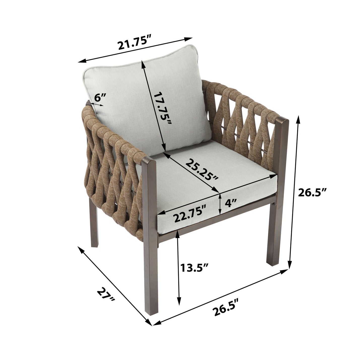 2 Pieces Outdoor Metal Patio Club Chair, Patio Furniture Arm Chair With Cushion, Modern Outdoor Furniture Deep Seating For Porch, Garden, Backyard, Balcony - Brown / Light Gray