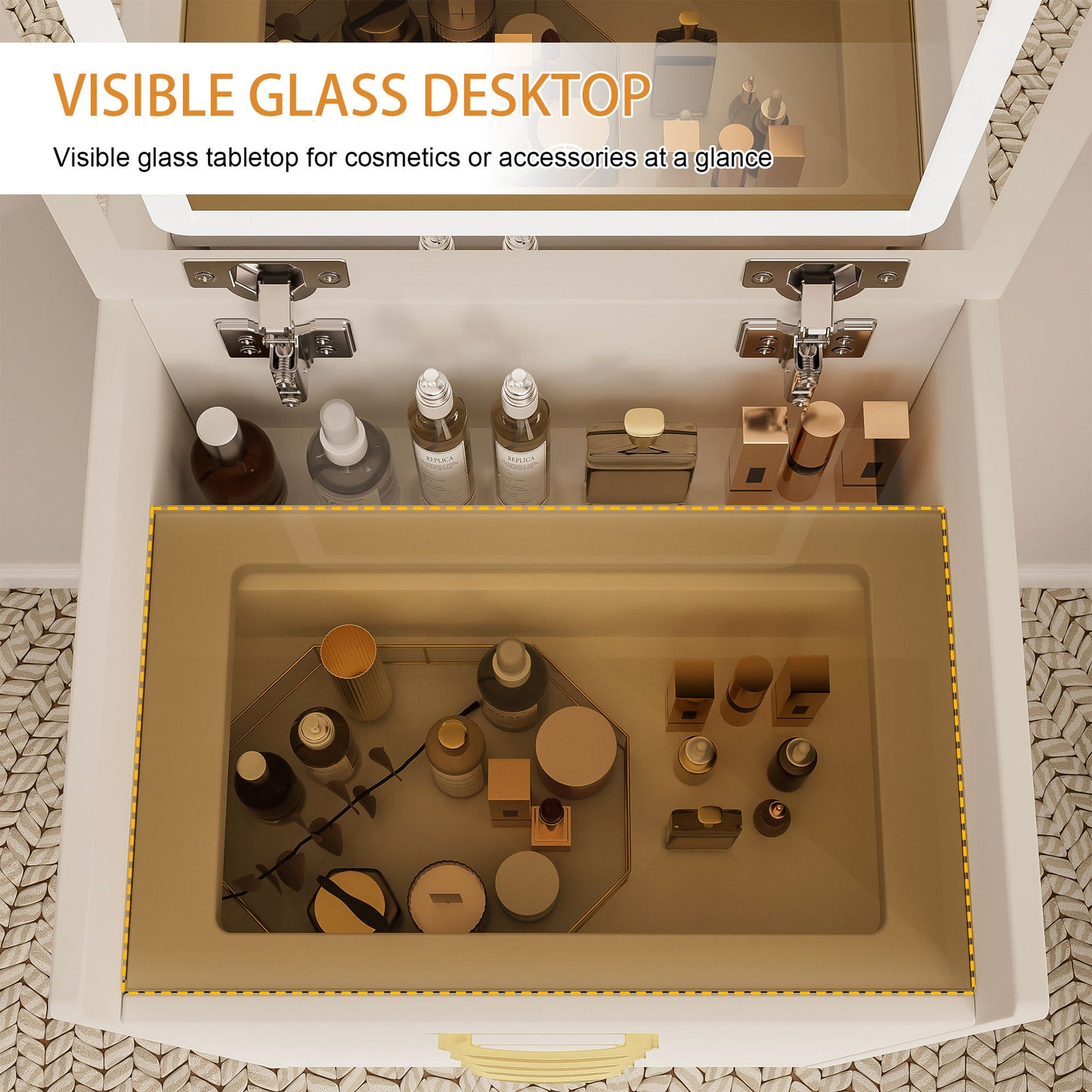 Compact 3 In 1 Vanity Desk With Open Top Mirror, Glass Desktop, 5 Height - White