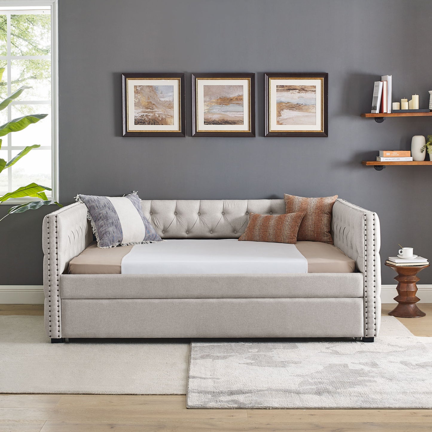 Inspired Upholstered Daybed With Trundle, Button Tufted