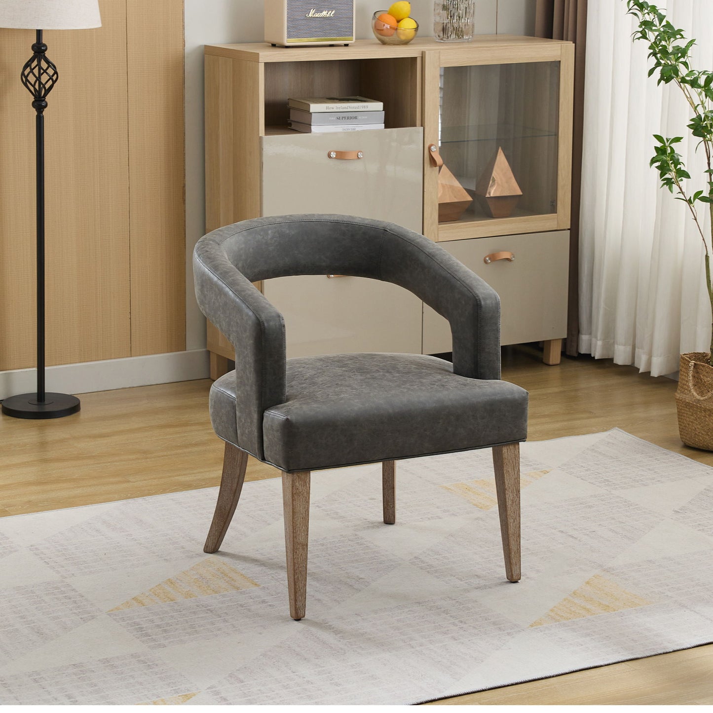 Wide Modern Barrel Open Back Upholstered Accent Chair With Weathered Solid Wood Legs