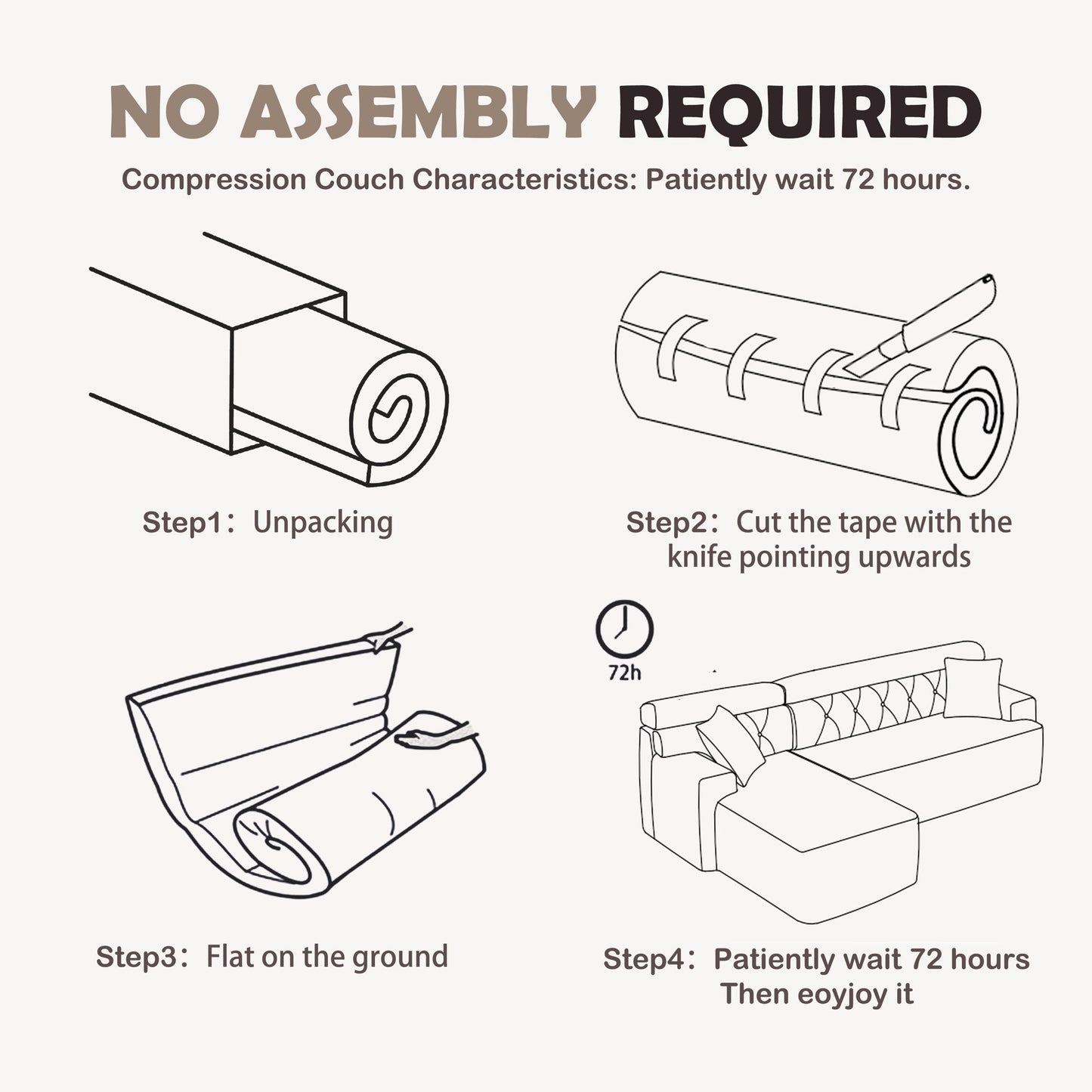 Ly 029B Convertible Chaise Sectional Sofa Full Compression Sponge Modular Couch Cloud 3 Seater Wood Grain Chenille 2 Pillows - Antique White