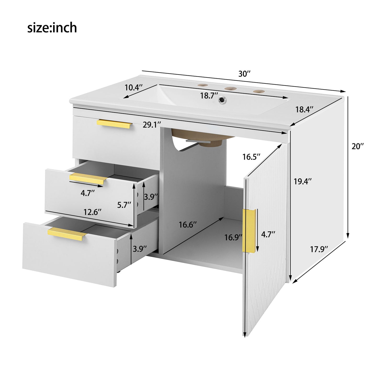 Modern Wall Mounted Bathroom Cabinet With Ceramic Sink, Soft-Closing Drawer And Door