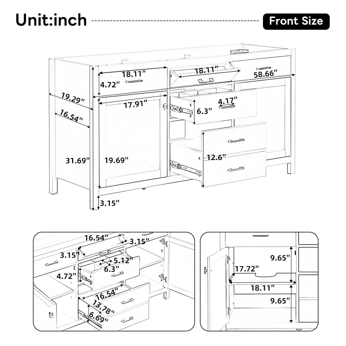 Bathroom Vanity Cabinet Only With Soft Closing Doors & Drawers, Adjustable Shelves - White
