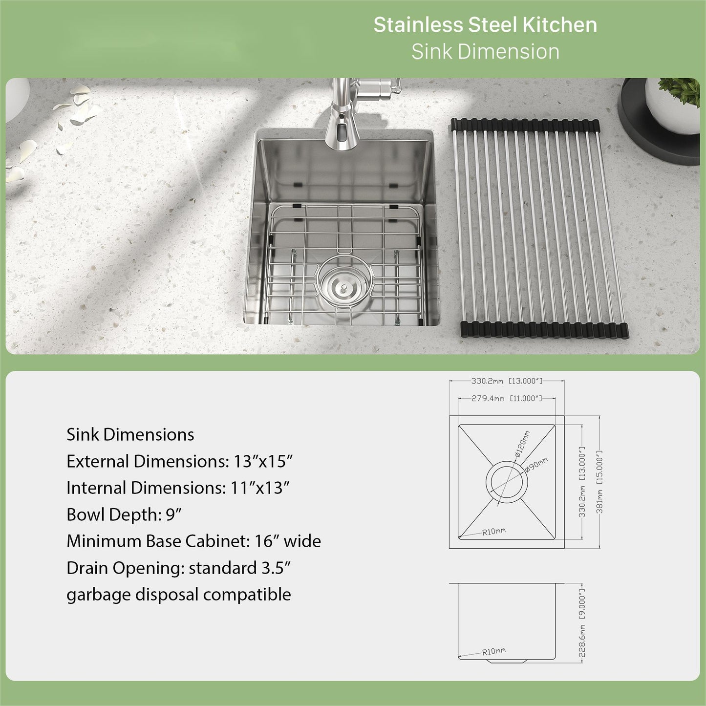 13" Undermount Kitchen Sink 16 Gauge Single Bowl - Brushed Nickel