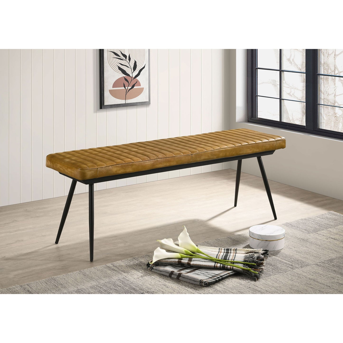 Tufted Cushion Side Bench With Tapered Legs - Brown