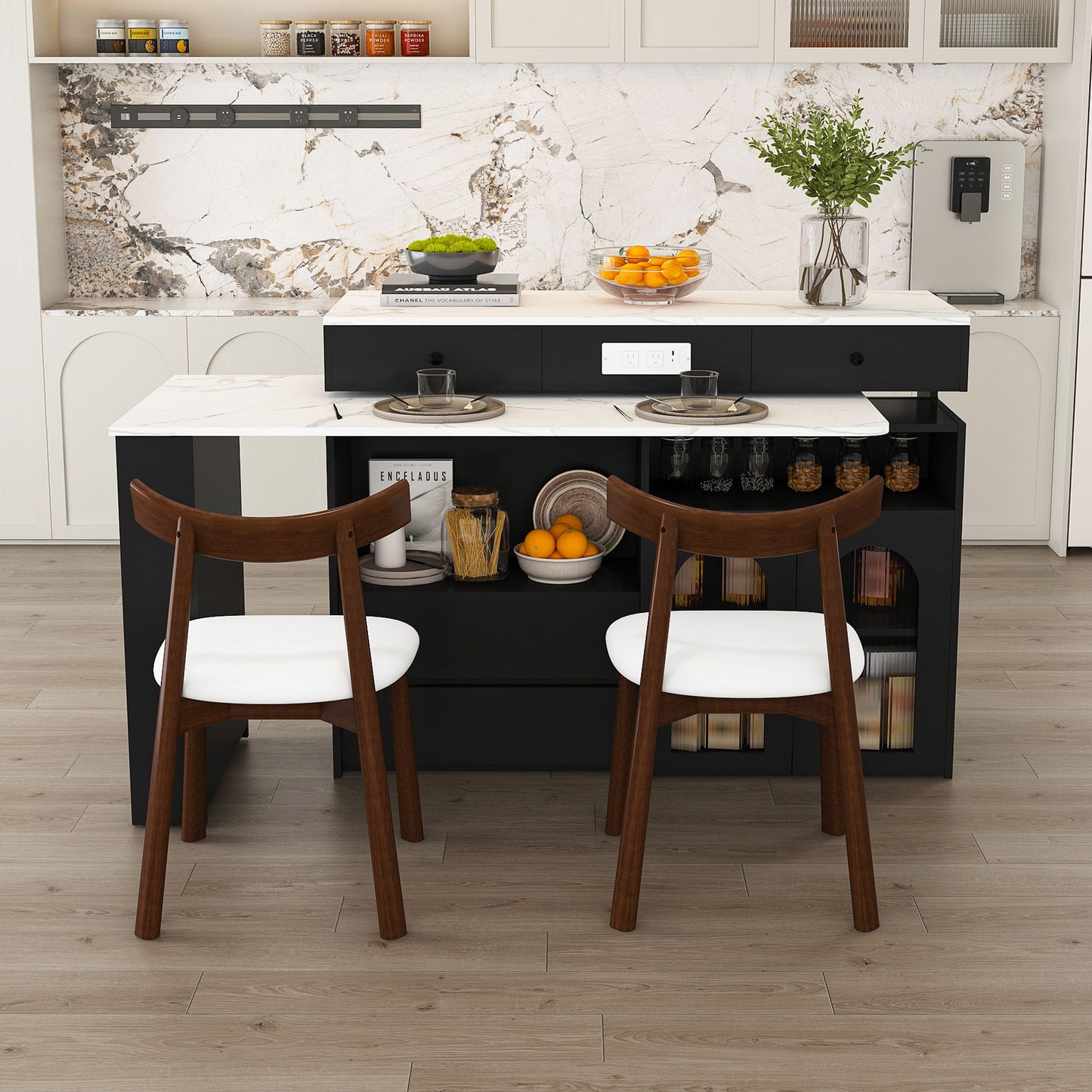 Retro Kitchen Island Set With Chairs, Extendable & Rotating Table, 4 Drawers & Door Cabinets