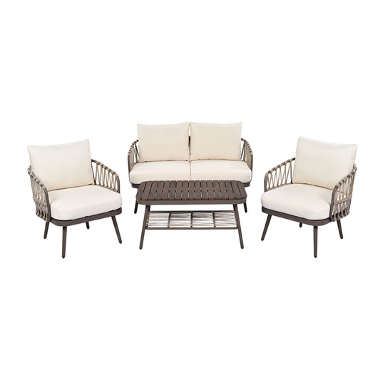 4 Piece Outdoor Patio Furniture Set, Metal Chairs With Woven Rope U Shaped Backrest