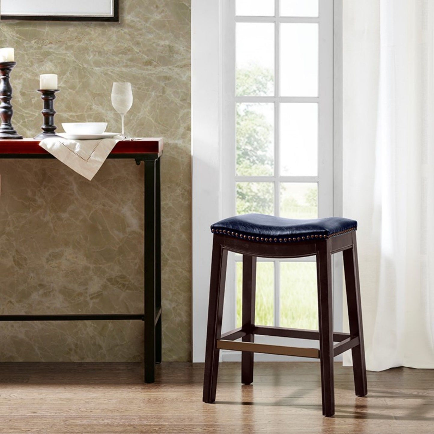 Saddle Counter Stool With Antique Bronze Detailing And High Density Foam - Navy