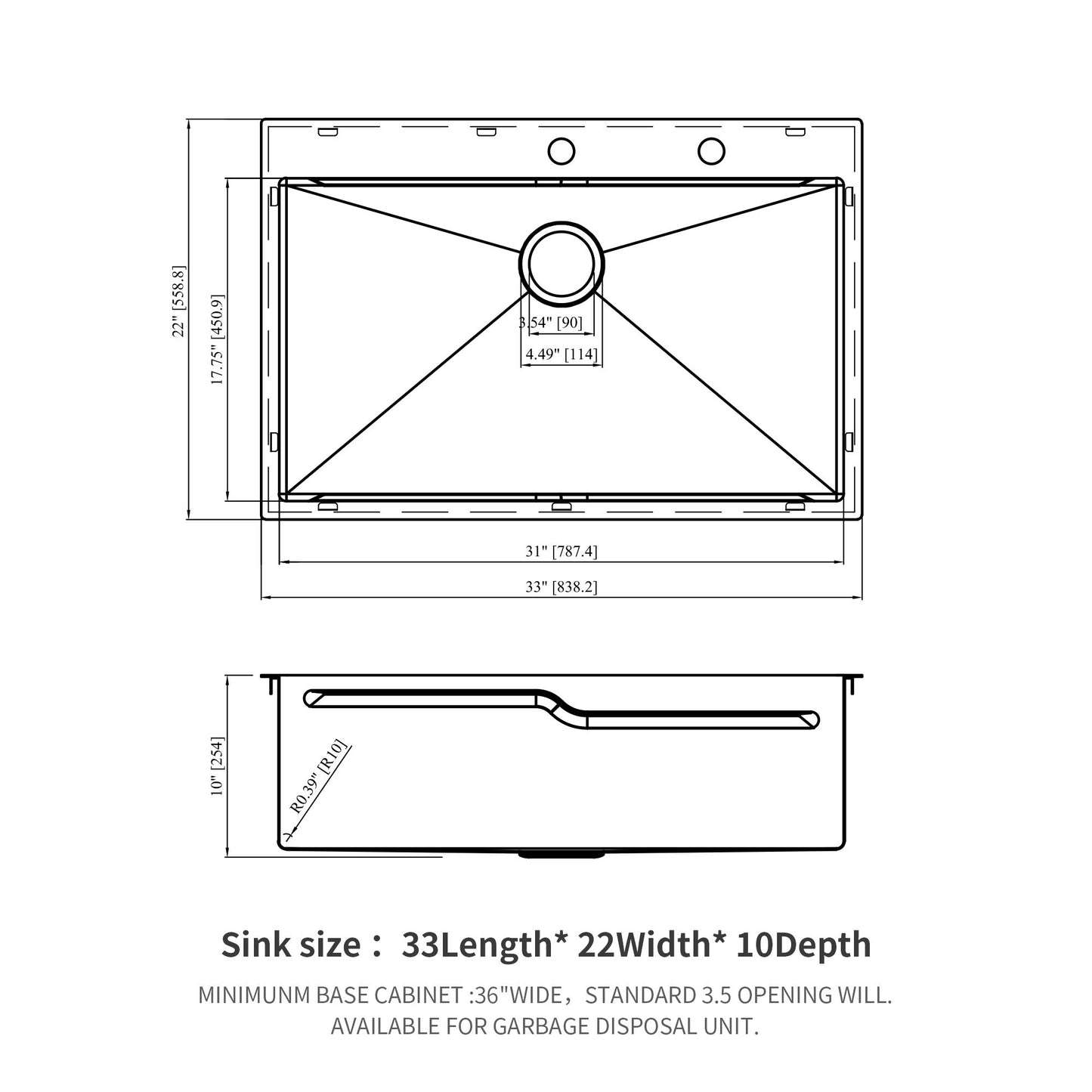 33" Drop In Kitchen Sink With Ledge Workstation, Single Bowl, 16 Gauge Stainless Steel - Black / Gray
