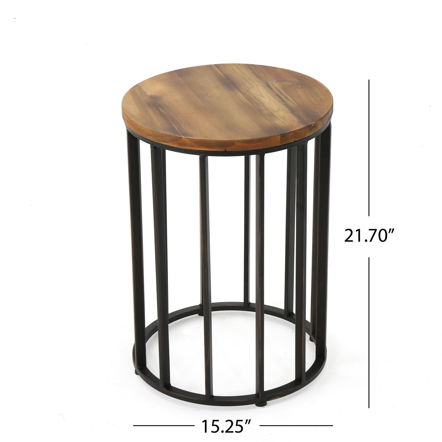 Outdoor Cylindrical Side Table With Round Solid Wood Top And Metal Frame - Natural