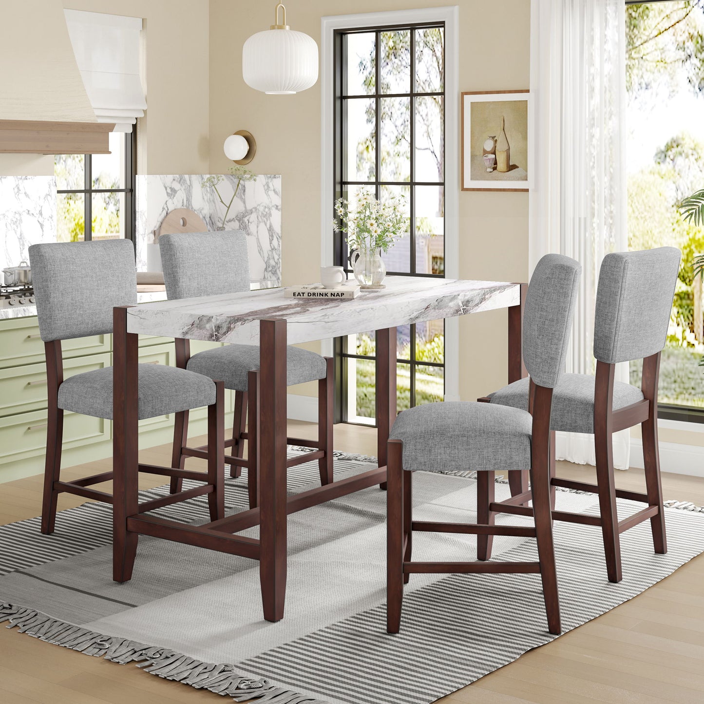 5 Piece Counter Height Dining Set With 4 Upholstered Chairs