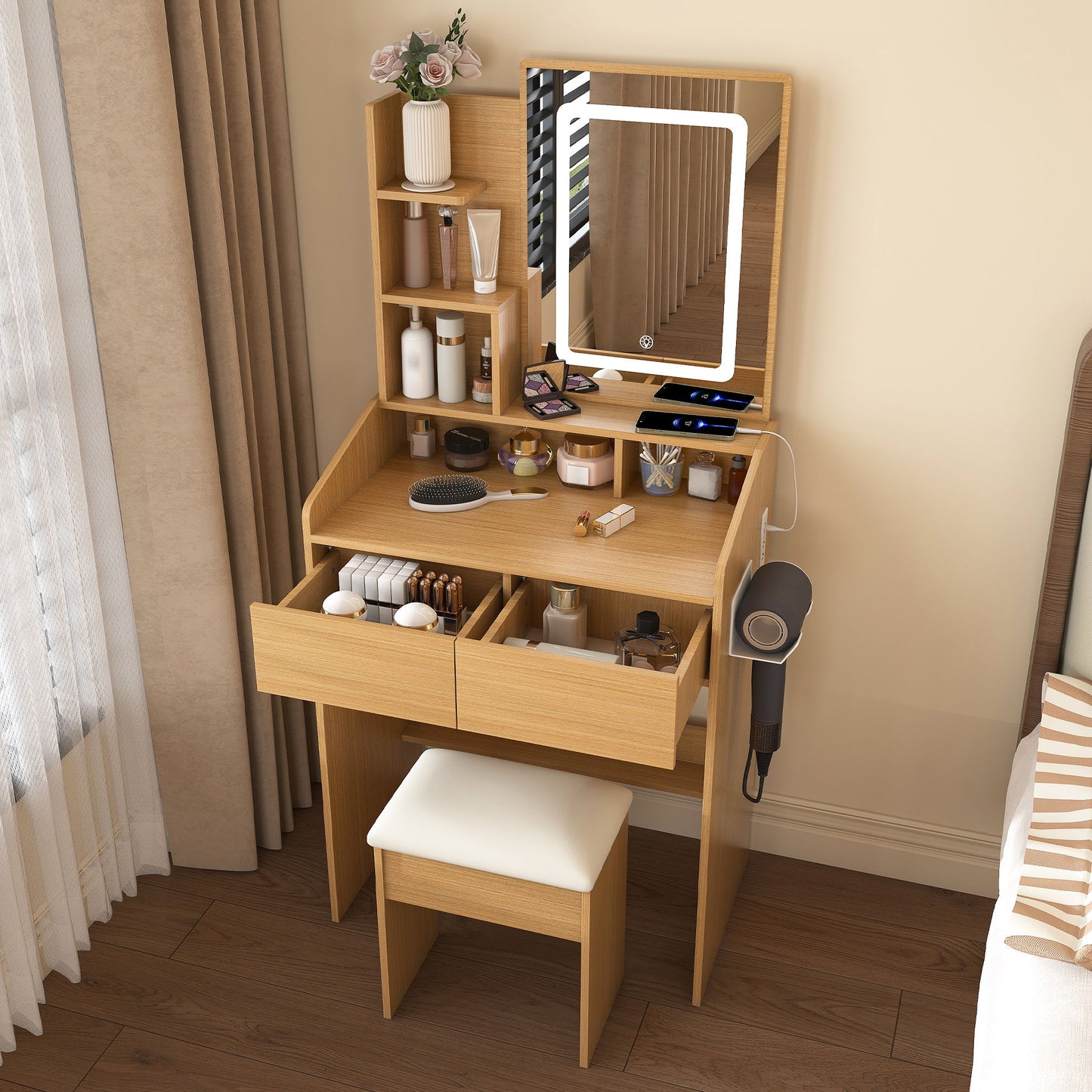 Vanity Table With LED Mirror, Power Outlet, Hairdryer Holder & Padded Stool, Compact Dressing Desk For Small Bedrooms - Wood