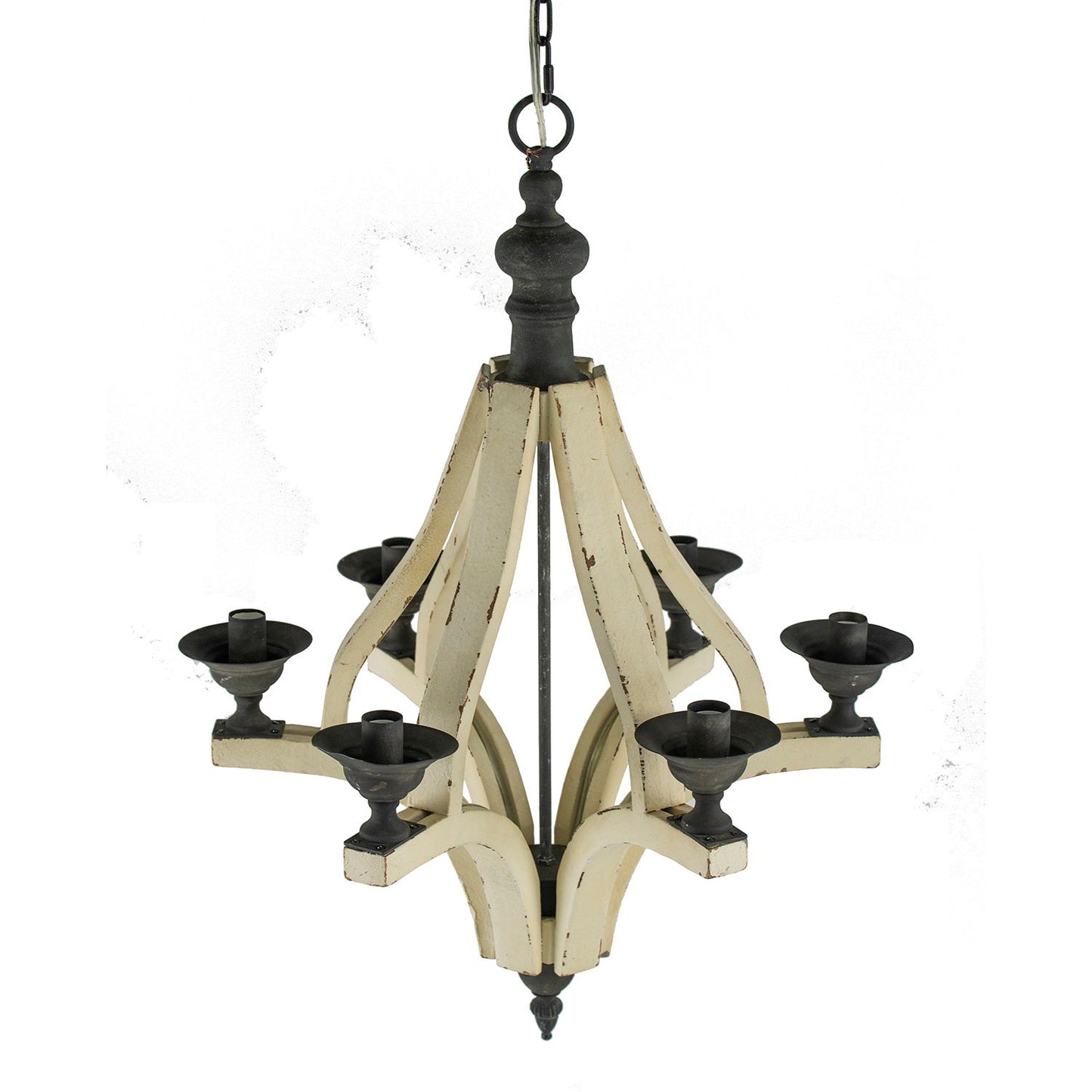 6 Light Wood Chandelier, Hanging Light Fixture With Adjustable Chain For Kitchen, Bulb Not Included - Cream