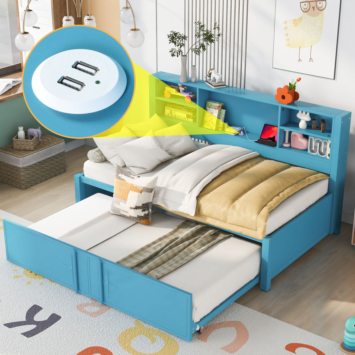 Twin Daybed With Trundle, Storage Shelves, USB Ports Frame - Blue