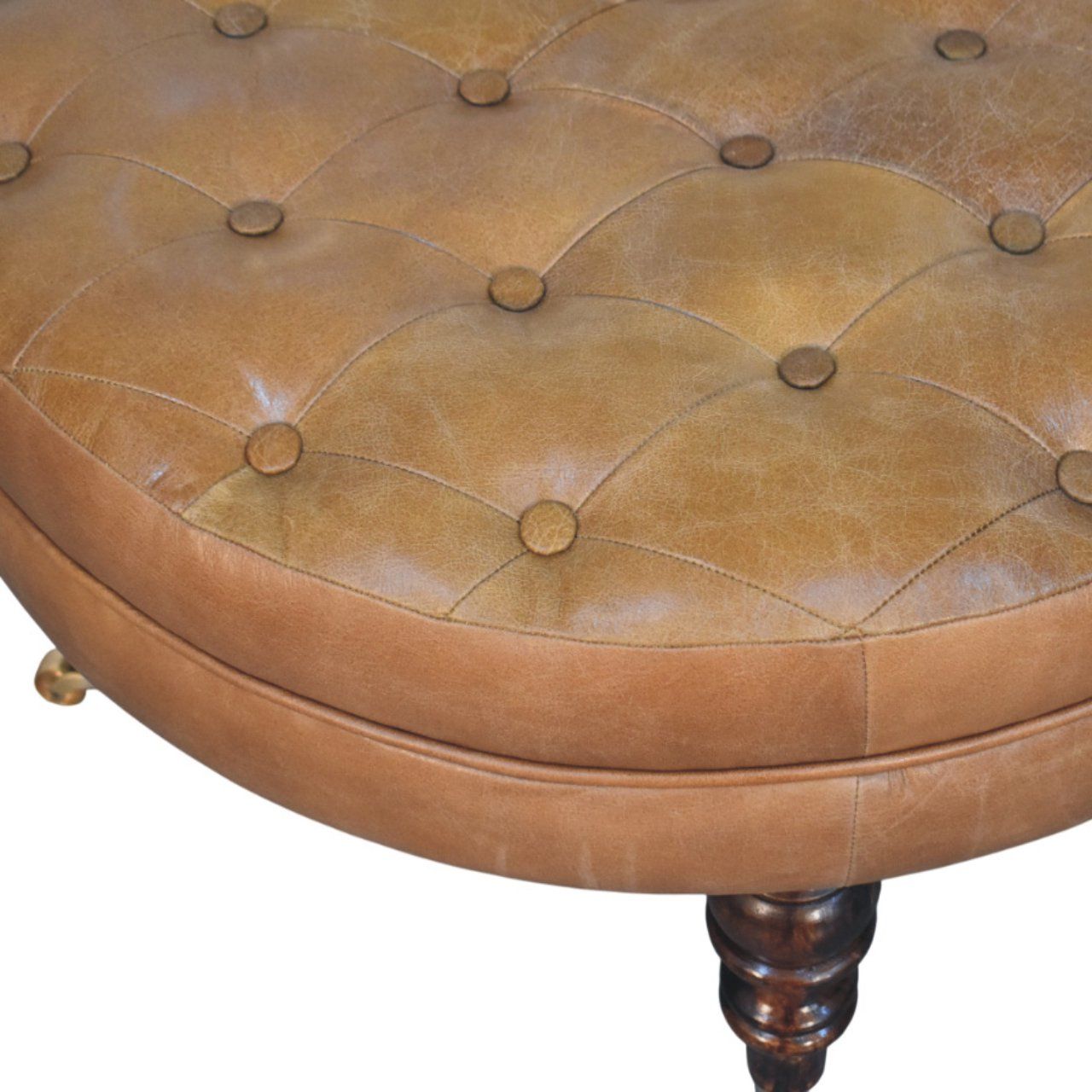Buffalo - Leather Round Ottoman With Castor Legs - Brown