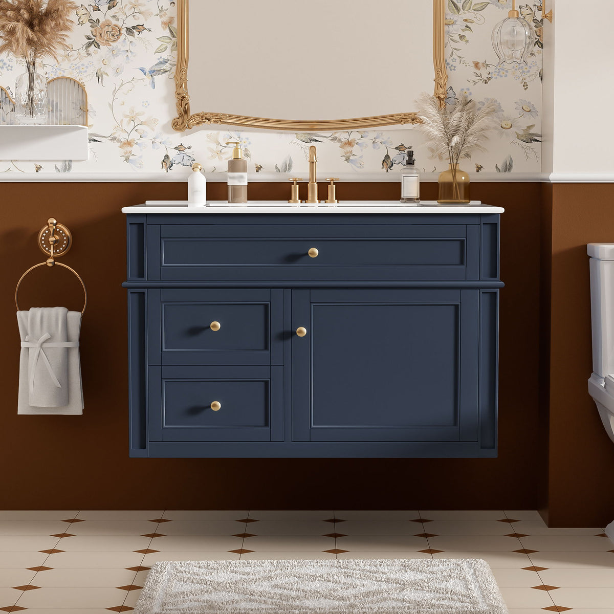 Wall Mounted Bathroom Vanity With 2 Drawers, 1 Tip Out Drawer, 3 Holes Sink