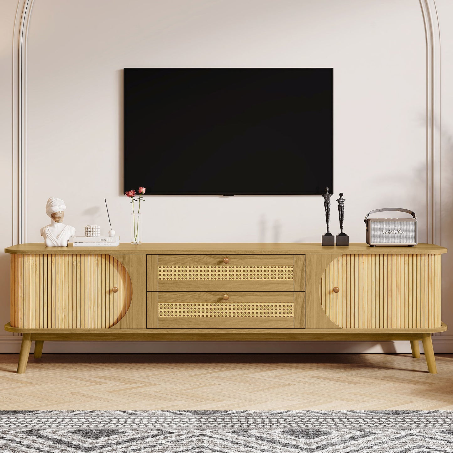 Rattan TV Stand For Tvs Up To 75'', Modern Farmhouse Media Console, Entertainment Center With Legs, TV Cabinet For Living Room, Home Theatre - Natural Wood