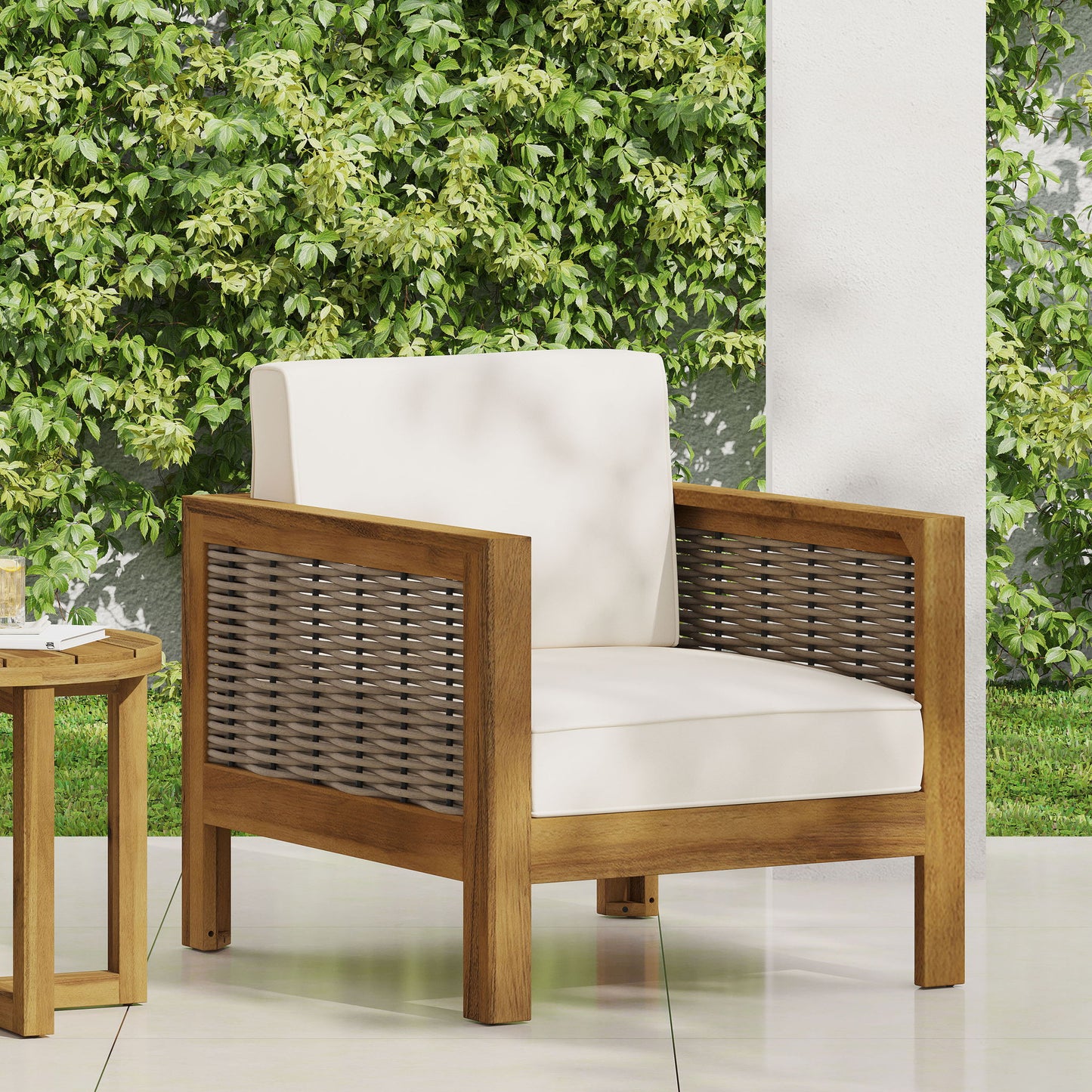 Outdoor Acacia Wood Club Chair With Wicker Accents