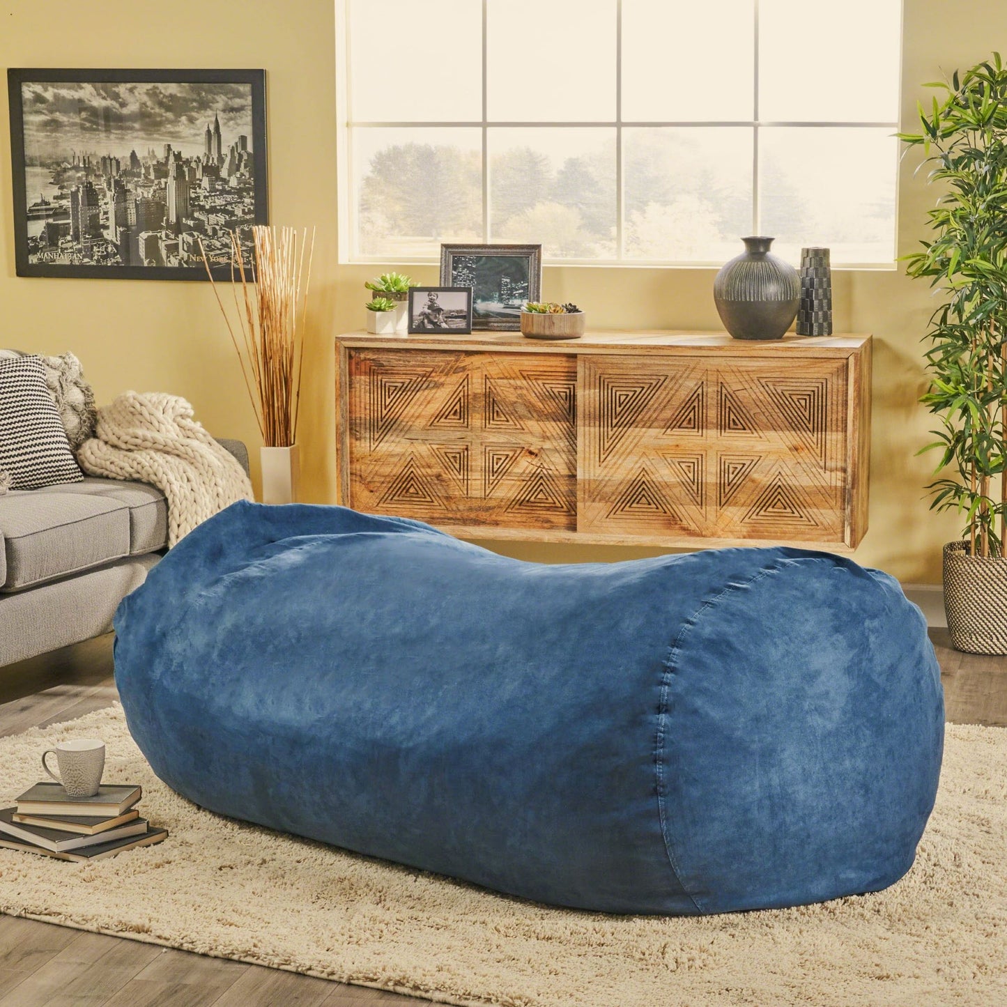 Marlin - 6.5 Foot Cylindrical Bean Bag With Removable Suede Cover - Midnight Blue