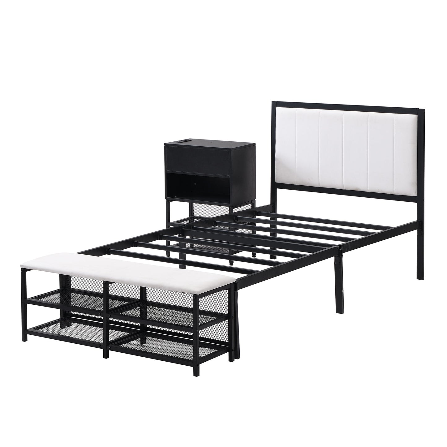 Platform Bed With 2 Tier Storage Shelves, Storage Cabinet