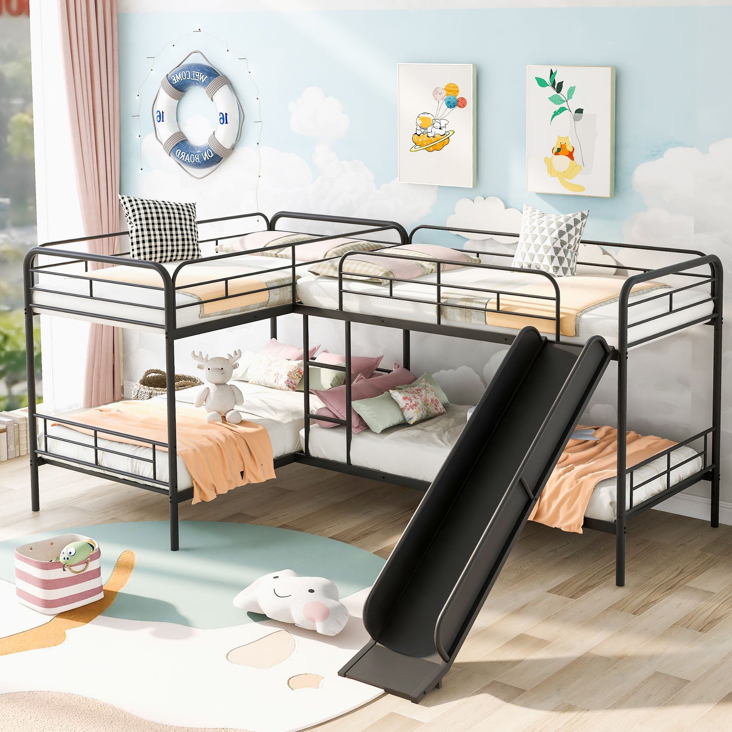 Mission Style Twin Size L-Shaped Bunk Bed With Slide And Ladder - Black