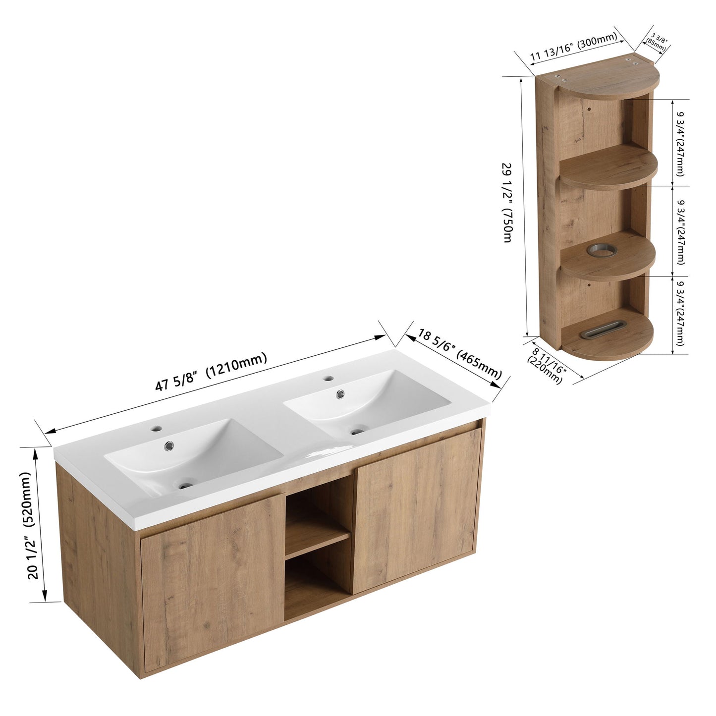 48" Wall Mounted Bathroom Vanity With Double Resin Sink And Storage Rack Soft Close Doors Plywood Construction - Imitative Oak