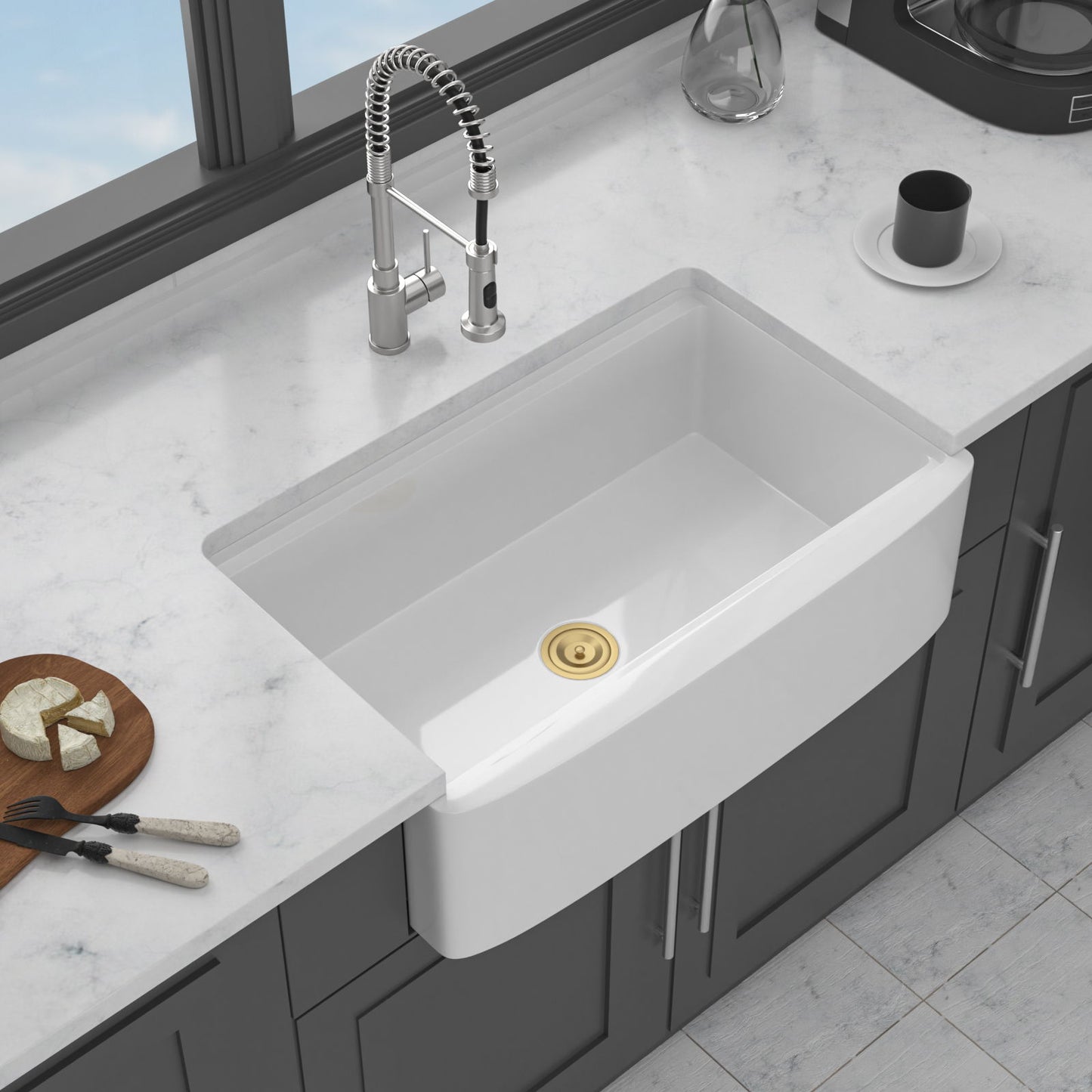 Kitchen Sink Workstation With Deep Bowl And Space-Saving Track Design - White