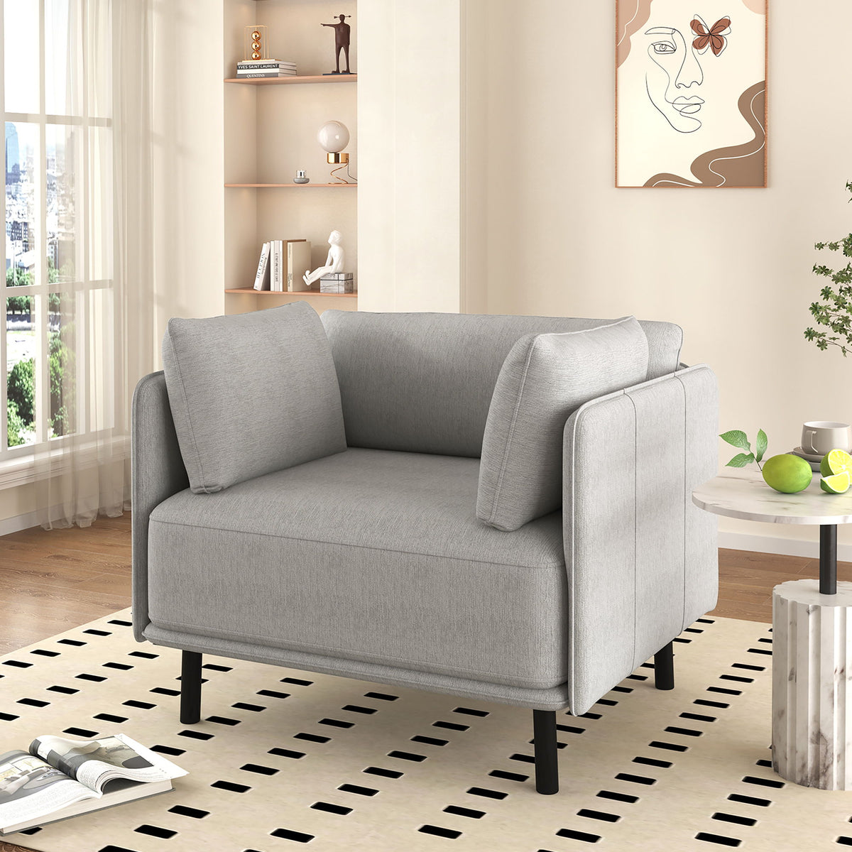 Vintage Lounge Chair With Polyester Upholstery, Solid Wood Frame & Steel Legs - Gray