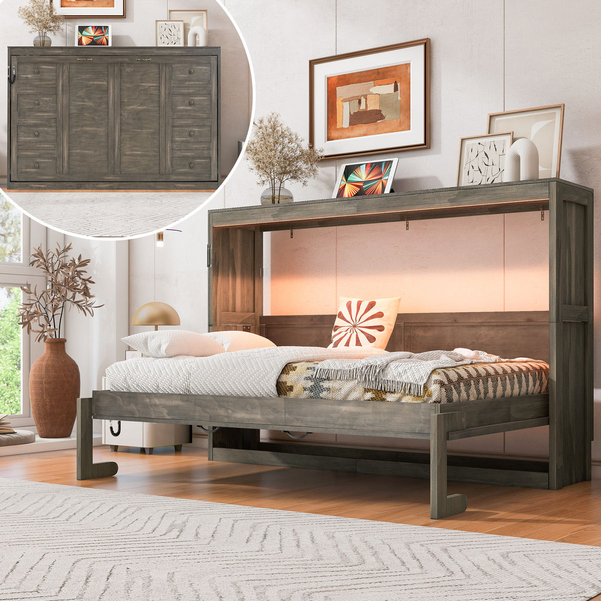 Murphy Bed With LED Light, Foldable Wall Bed Cabinet